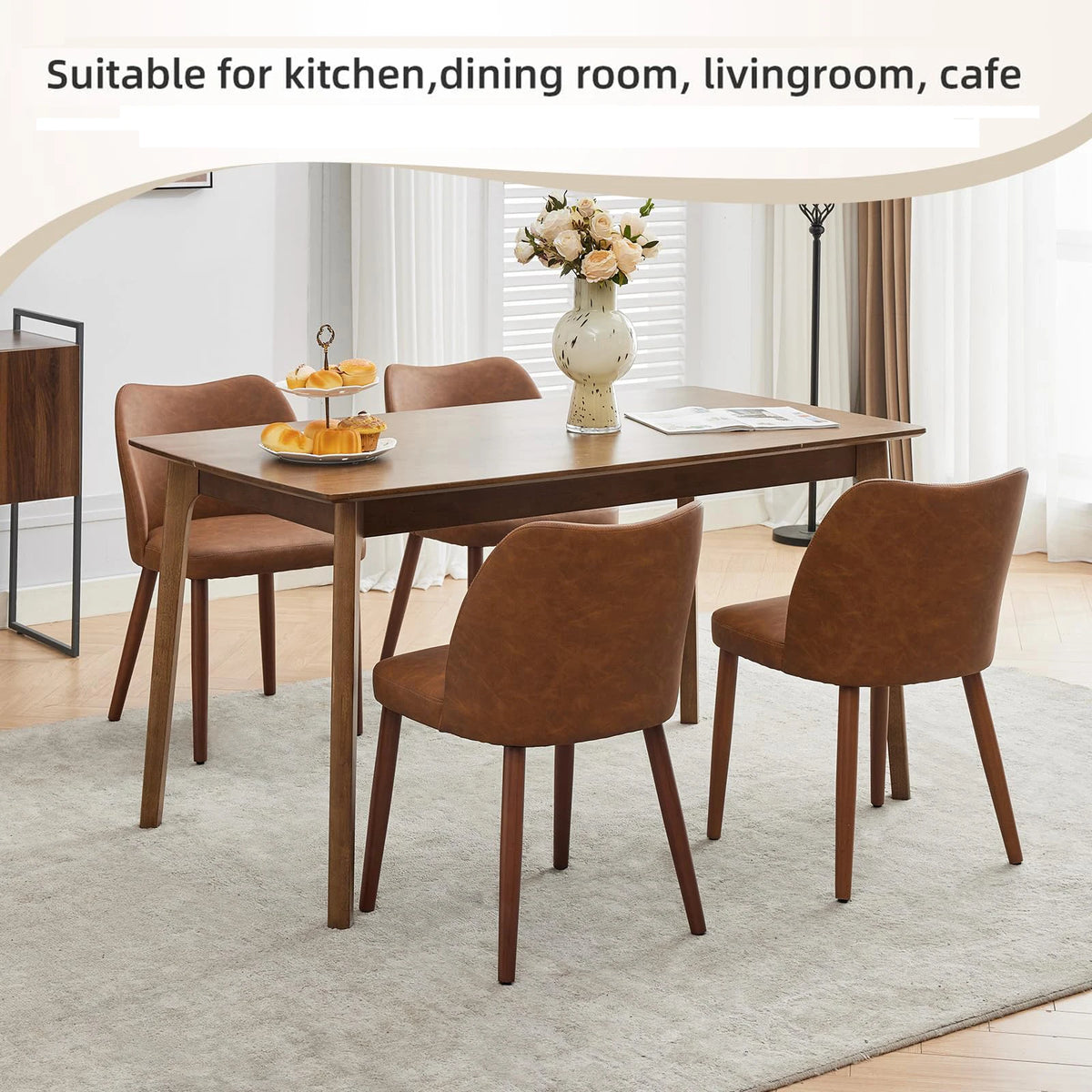 Dining Chair Set Of 2, Leather Upholstered Kitchen Chairs With Wing Back Thick Cushion Wood Legs For Dining Room Living Room