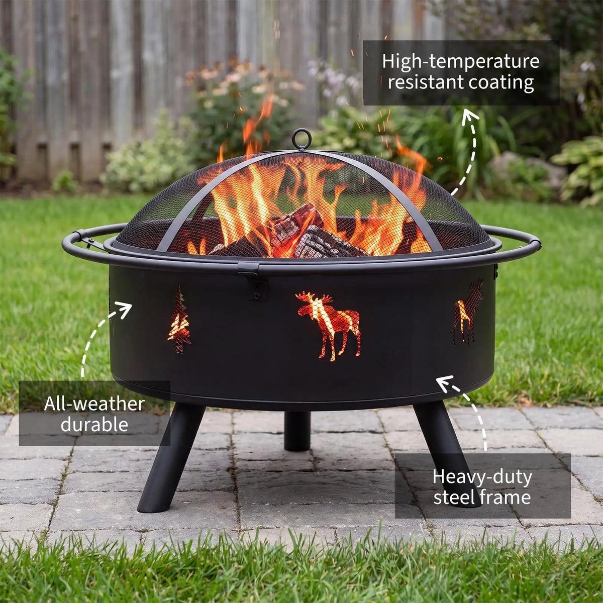 HiMISS Wood Burning Fire Pit With Mesh Screen And Poker