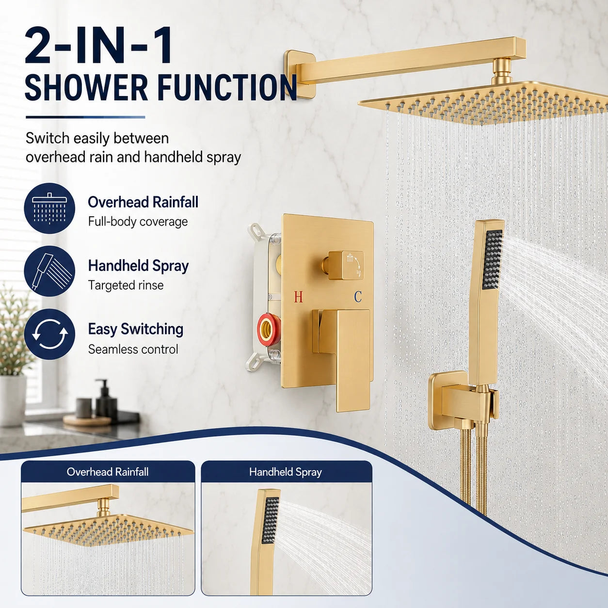 Brass Concealed Wall Mount Shower System Rain Head Handheld Valve