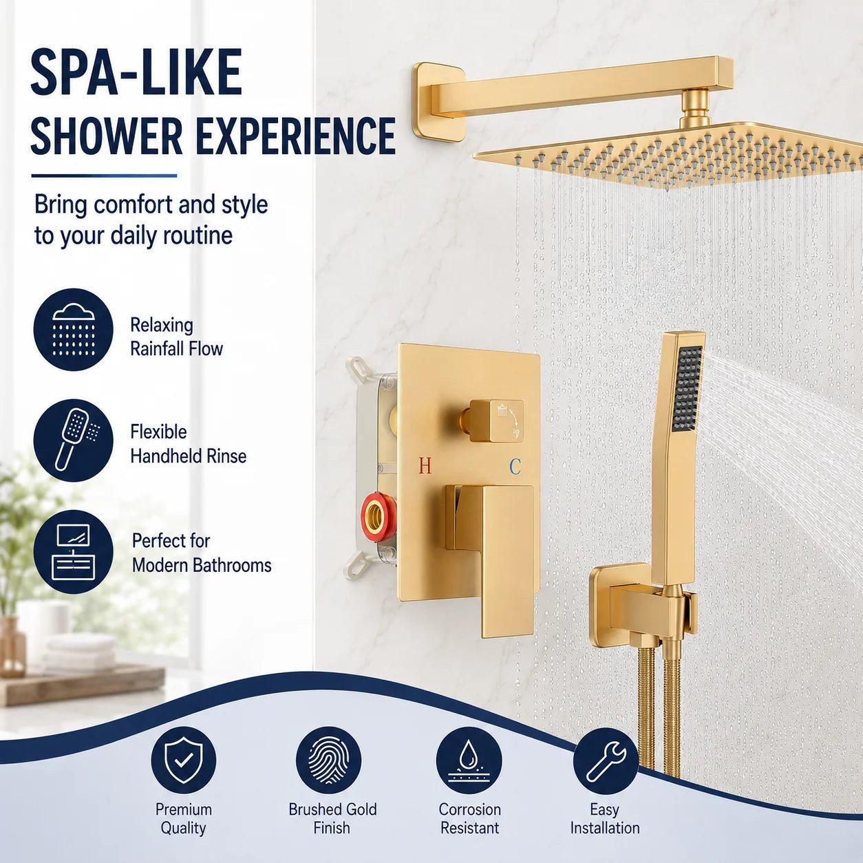 Brass Concealed Wall Mount Shower System Rain Head Handheld Valve