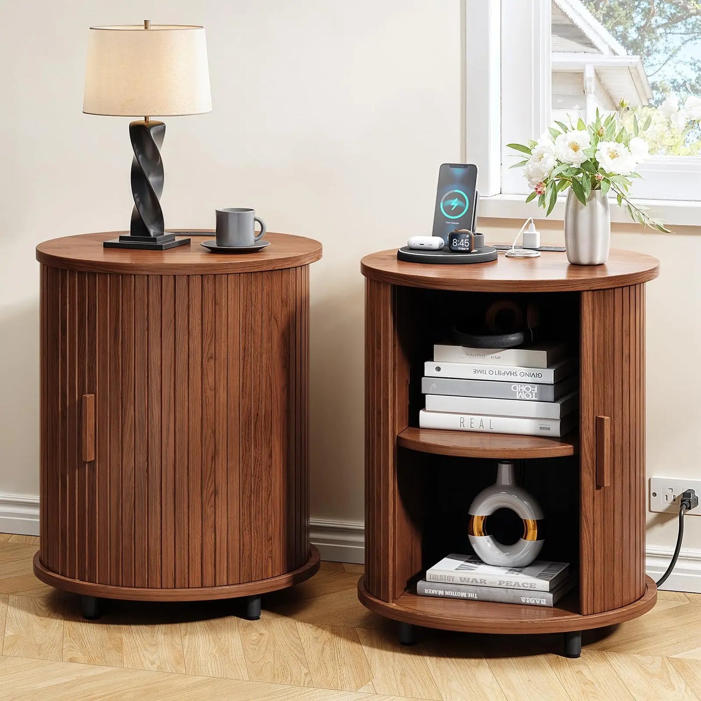 ONBRILL Fluted Round Nightstands Set of 2 Modern Wooden Tables