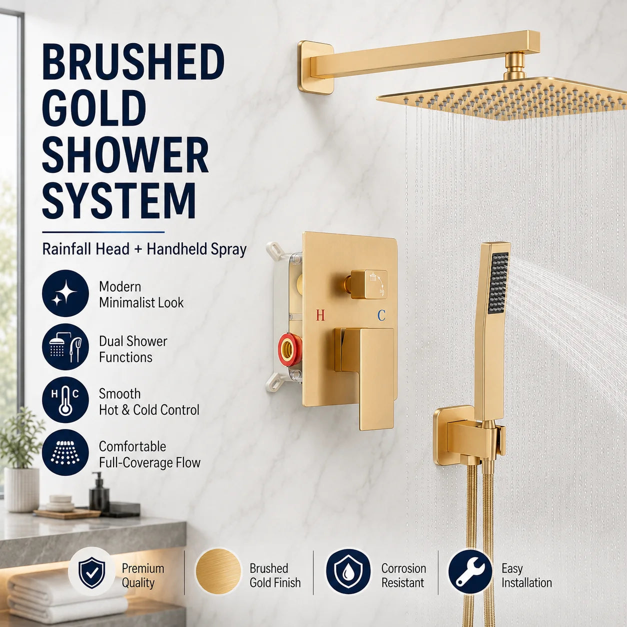 Brass Concealed Wall Mount Shower System Rain Head Handheld Valve