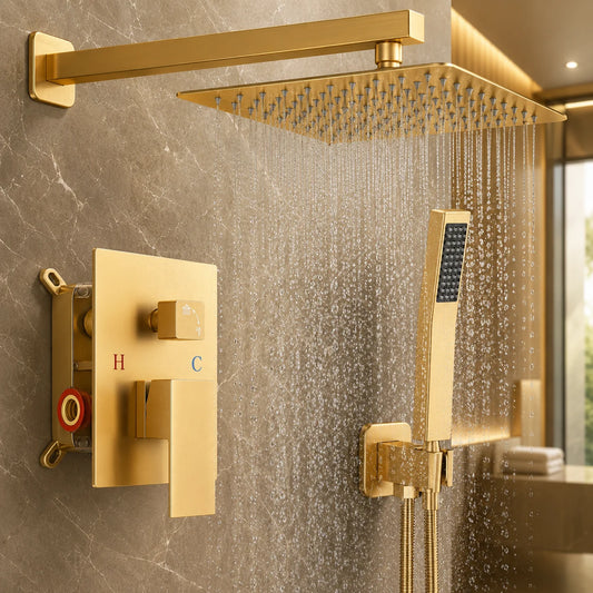 Brass Concealed Wall Mount Shower System Rain Head Handheld Valve