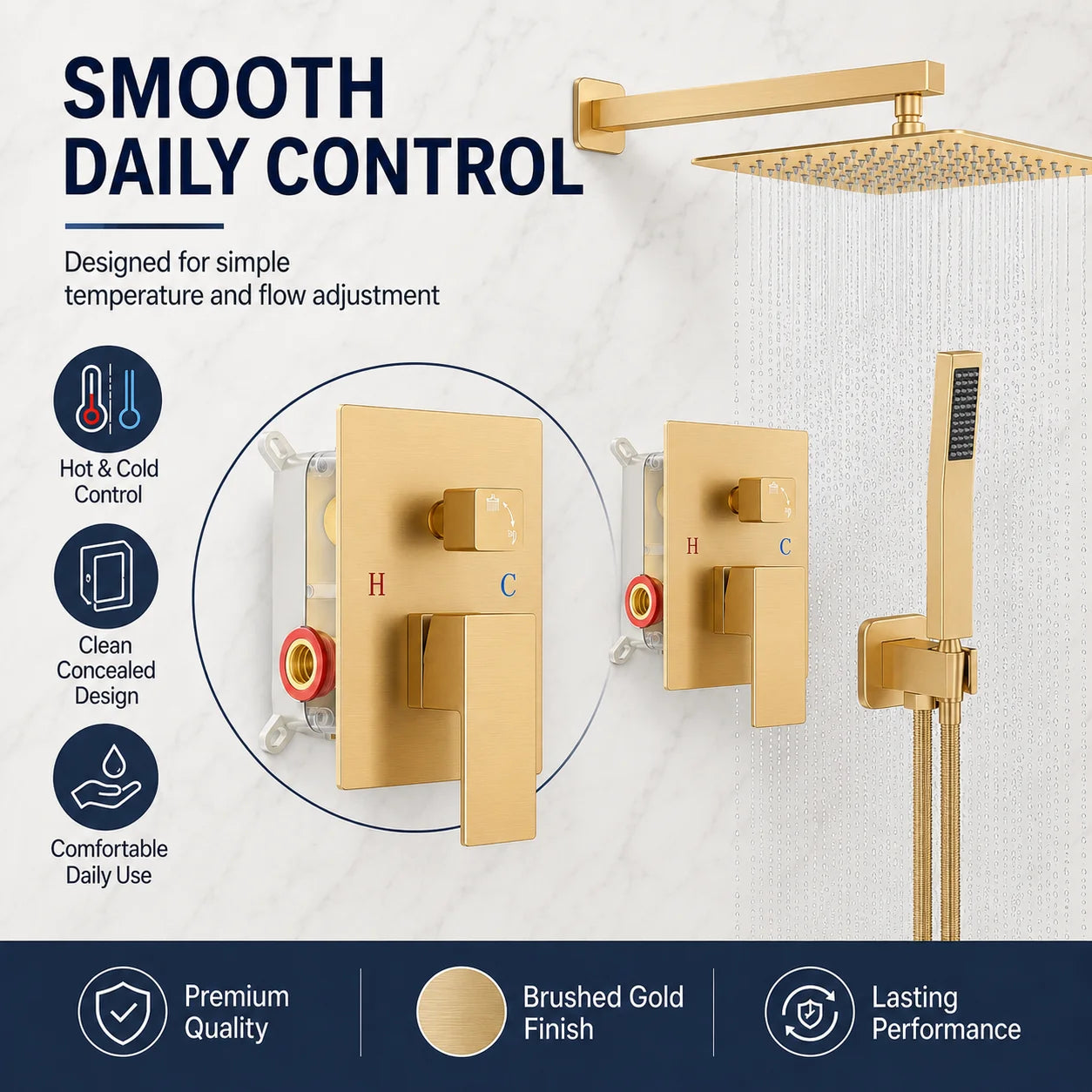 Brass Concealed Wall Mount Shower System Rain Head Handheld Valve