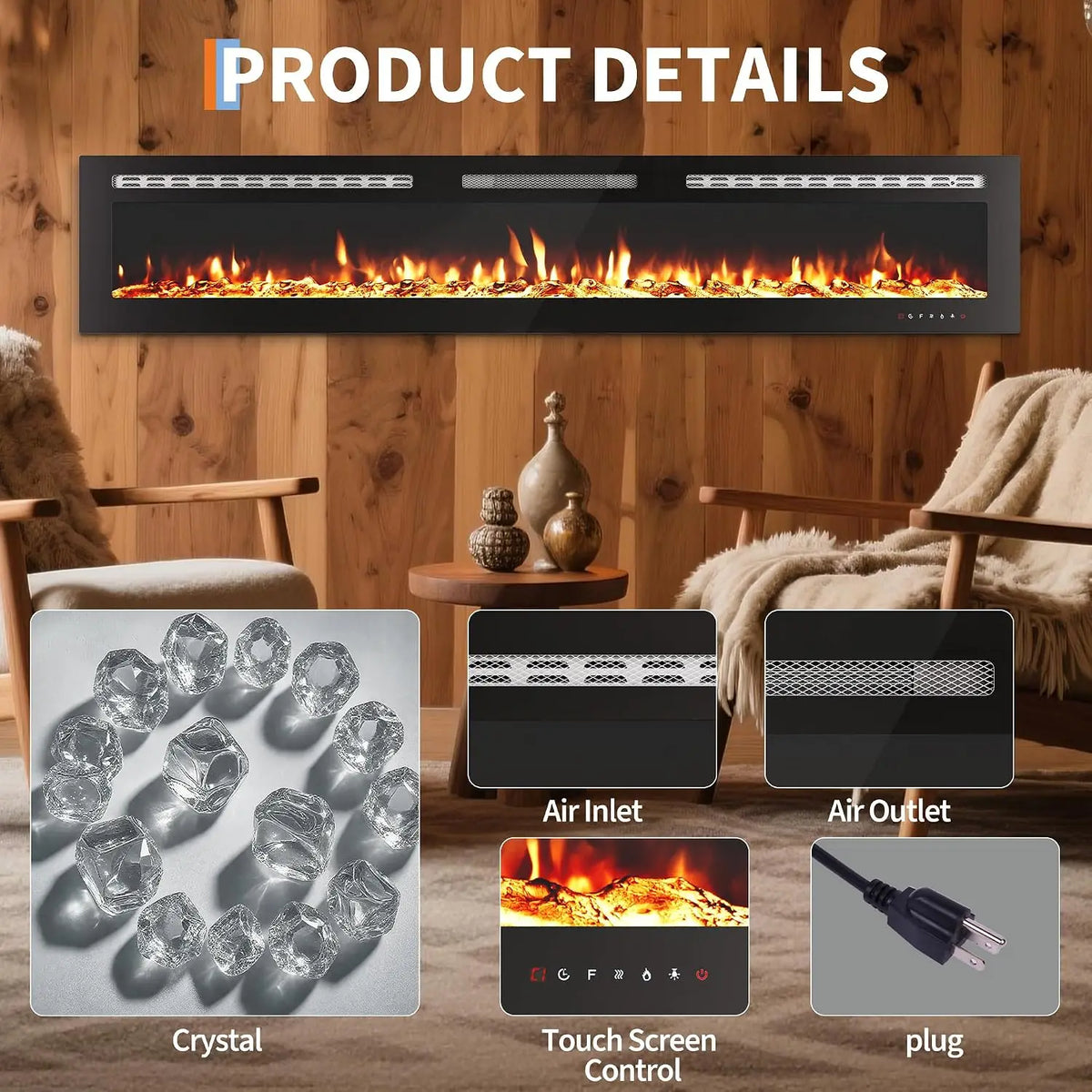 Wall Mounted Electric Fireplace Heater With Realistic Log Effects