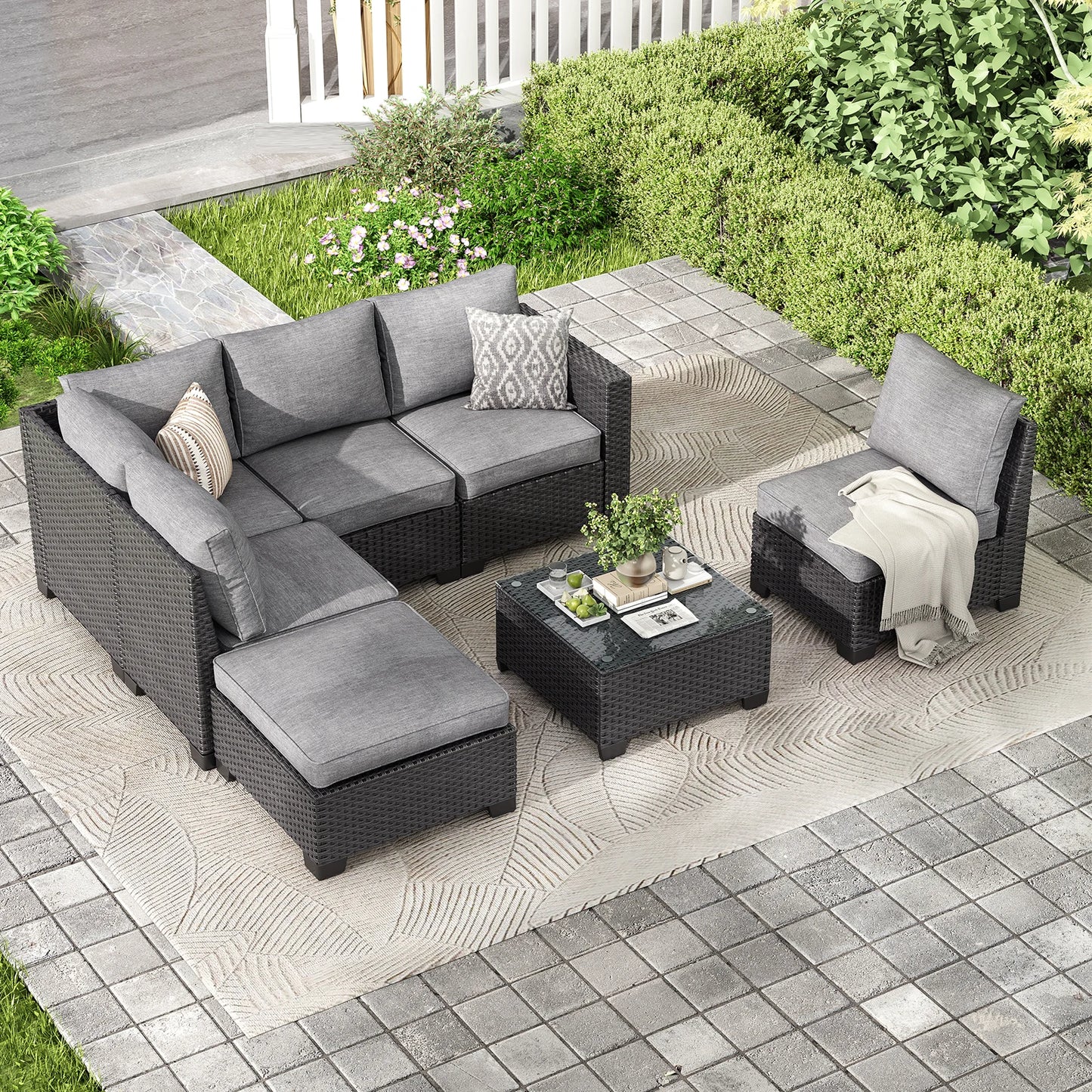 Farini Patio Sectional Sofa Set With Ottoman And All Weather Fabric