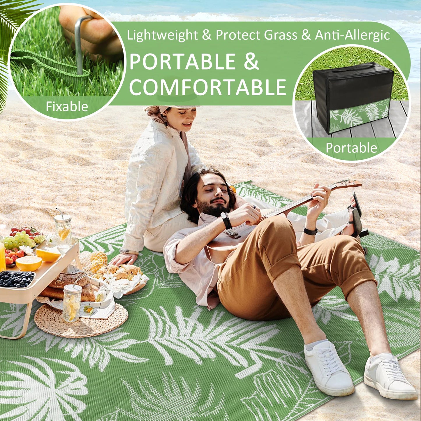 Leaves Pattern Recycled Plastic Straw Outdoor Rope Rug For Patio