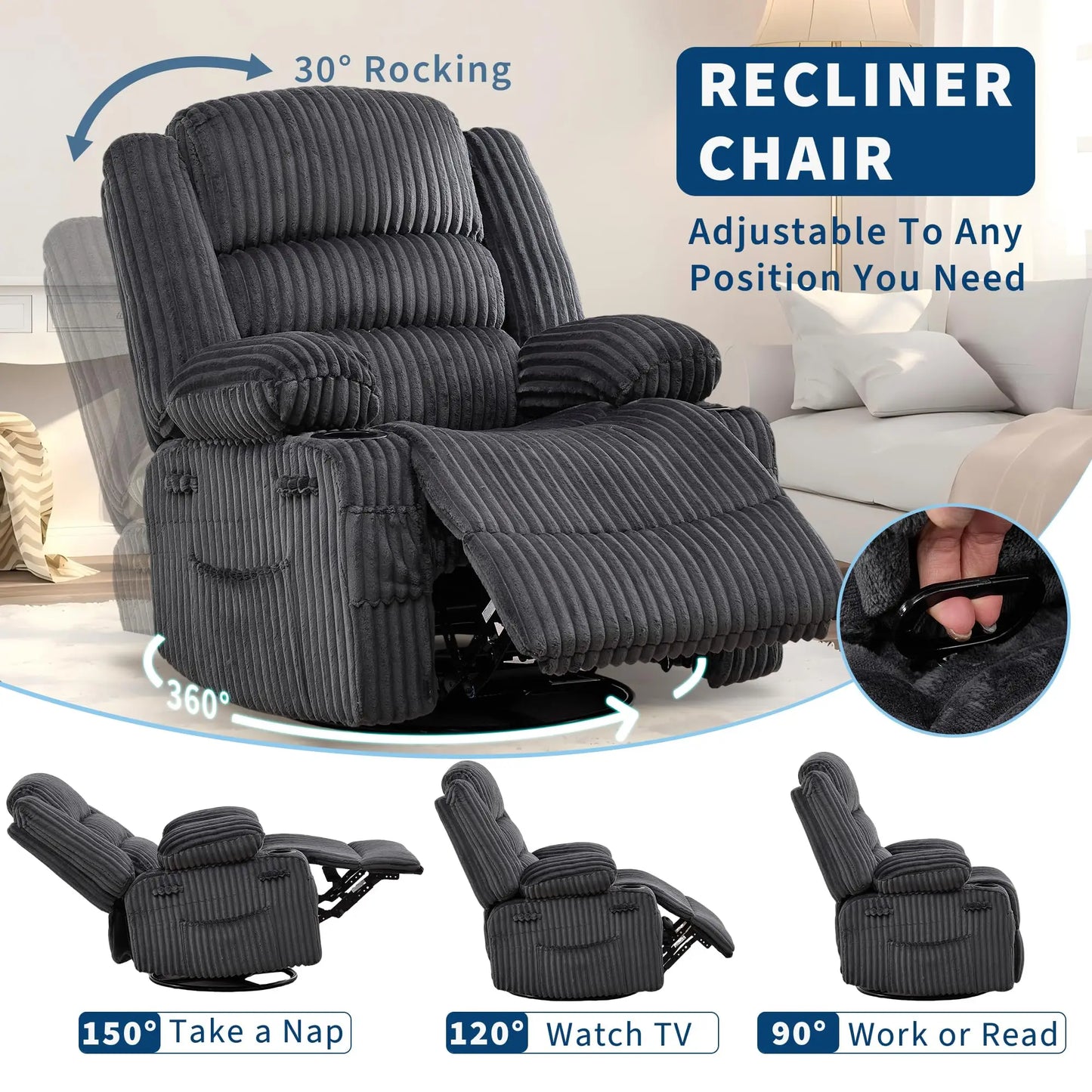 HiMISS 360 Swivel Rocking Recliner Chair With Deep Corduroy Seat