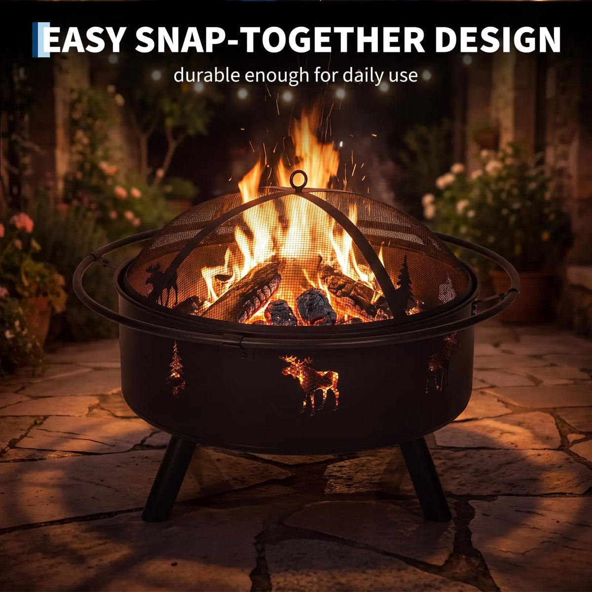 HiMISS Wood Burning Fire Pit With Mesh Screen And Poker