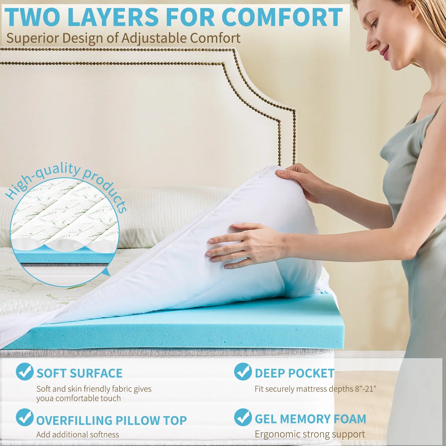 JHK Dual Layer Gel Memory Foam Mattress Cooling Topper