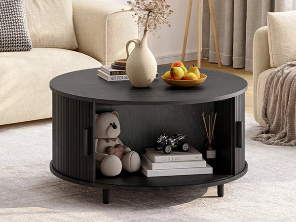 Onbrill Modern Fluted Wood Round Coffee Table With Storage