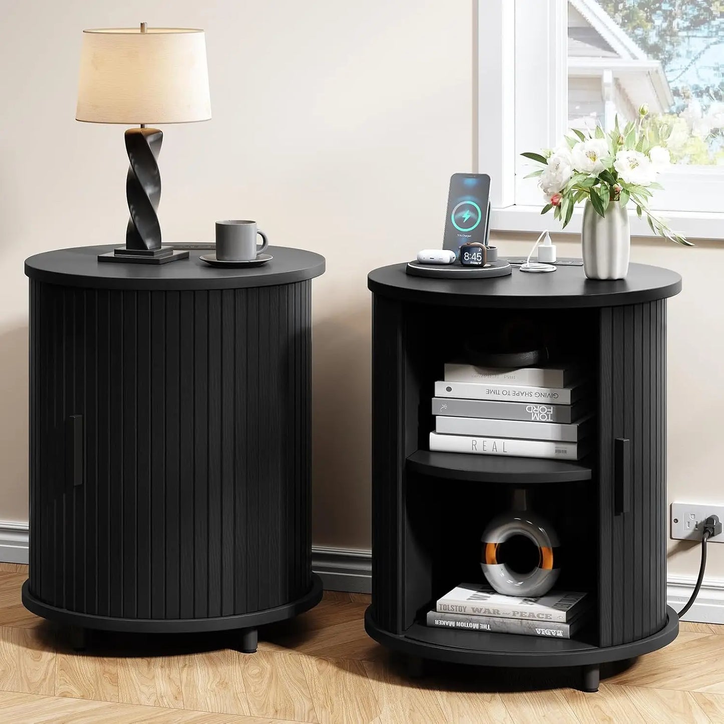 ONBRILL Fluted Round Nightstands Set of 2 Modern Wooden Tables