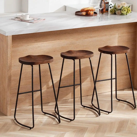 Rustic Solid Wood Counter Height Saddle Seat Bar Stools