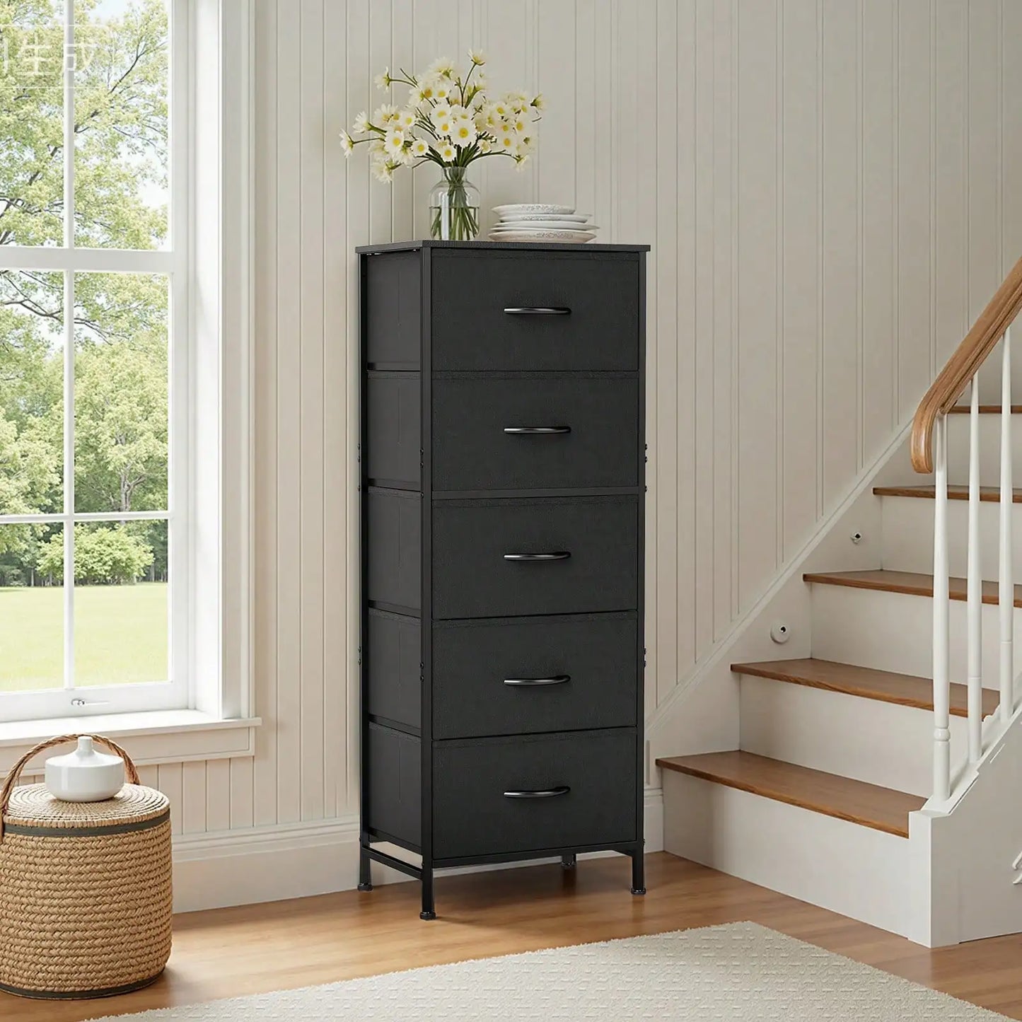 Fabric Storage Dresser With Wooden Top And Steel Frame Unit