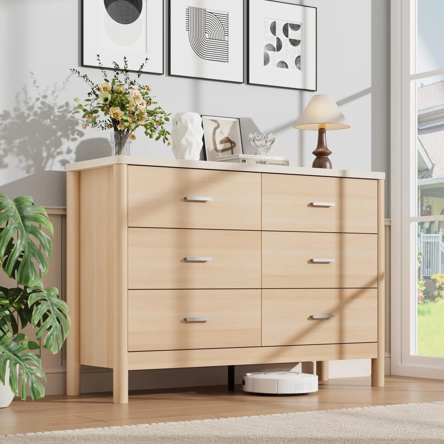 HiMISS 6 Drawer Wooden Dresser and TV Storage Cabinet
