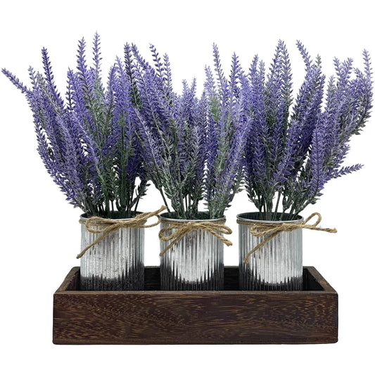 HiMISS Artificial Lavender Flowers With Wood Tray Centerpiece Set