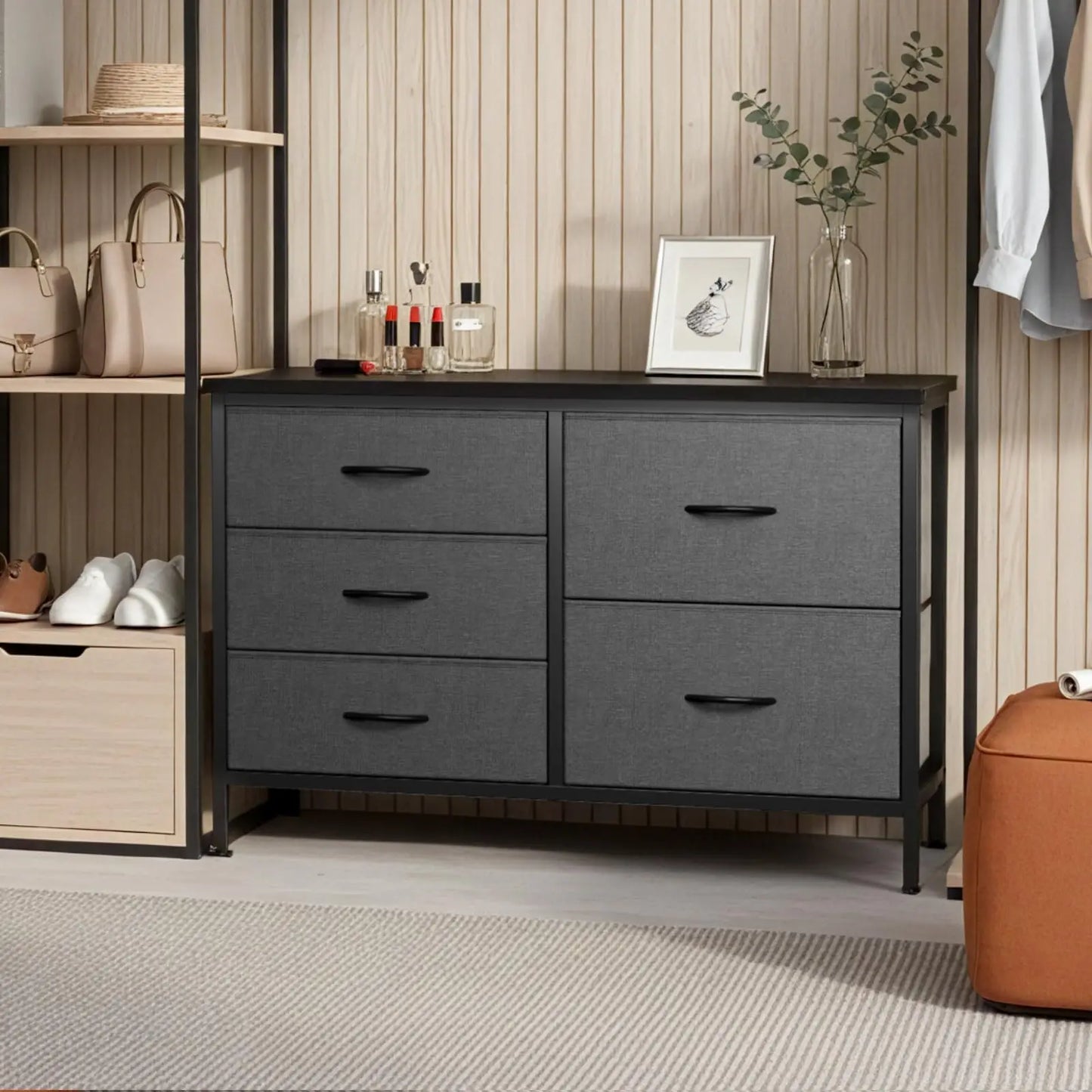 JHK Modern Fabric Storage Dresser With Five Metal Drawers