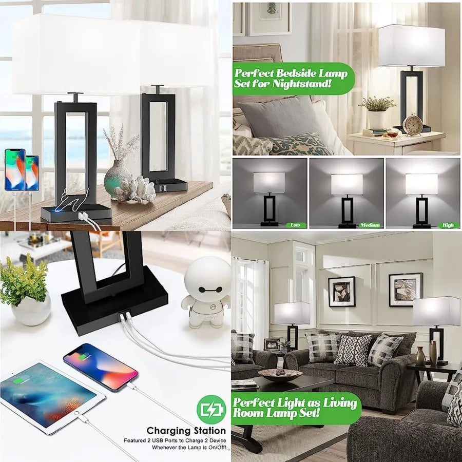 Touch Control Dimmable Table Lamp Set With Usb Charging Ports