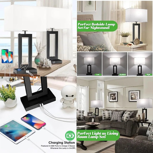Touch Control Dimmable Table Lamp Set With Usb Charging Ports