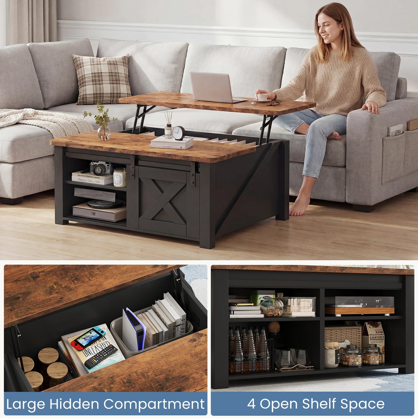 MCQ Wood Lift Top Coffee Table Adjustable Storage Shelf