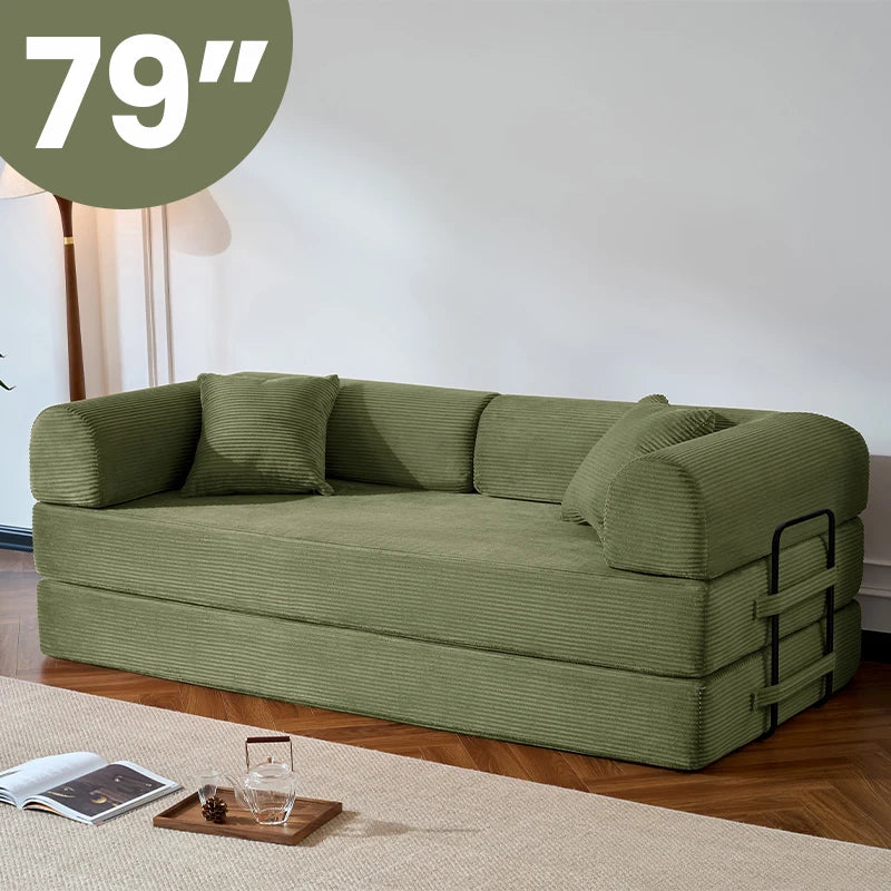 Corduroy Folding Sofa Bed With Removable Cover And Iron Frame