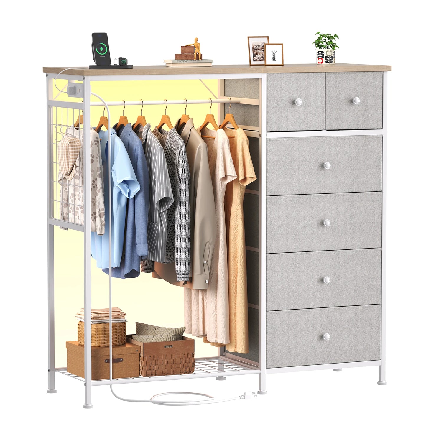 JHK Modern Fabric Dresser With Hanging Rack And LED Lights