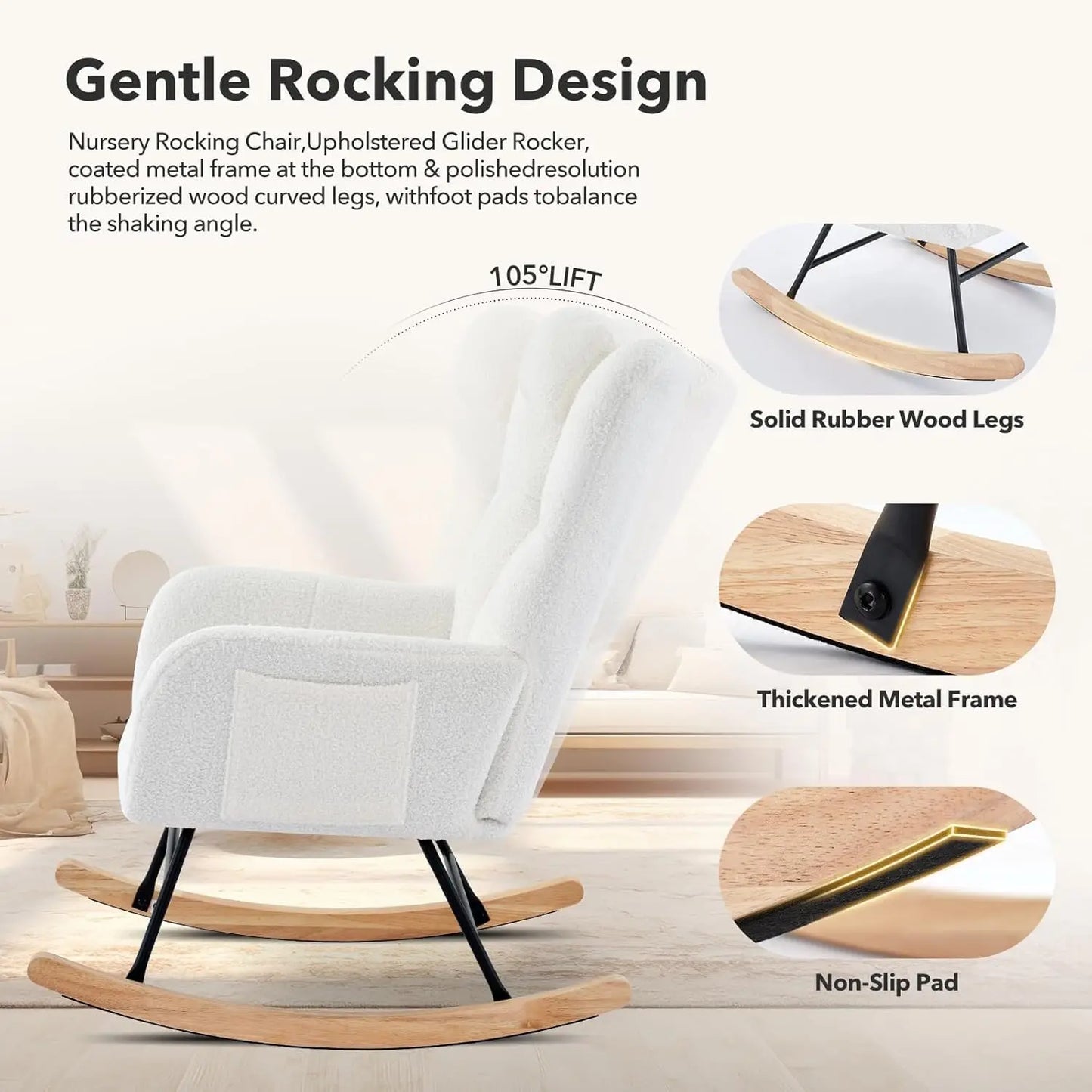Studyset Modern Boucle Rocking Chair With Side Pocket High Backrest