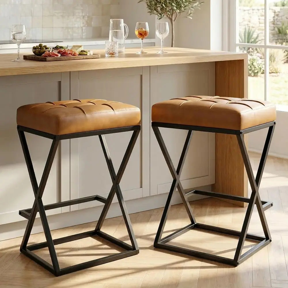 Modern Backless Faux Leather Counter Bar Stools Set Of 2