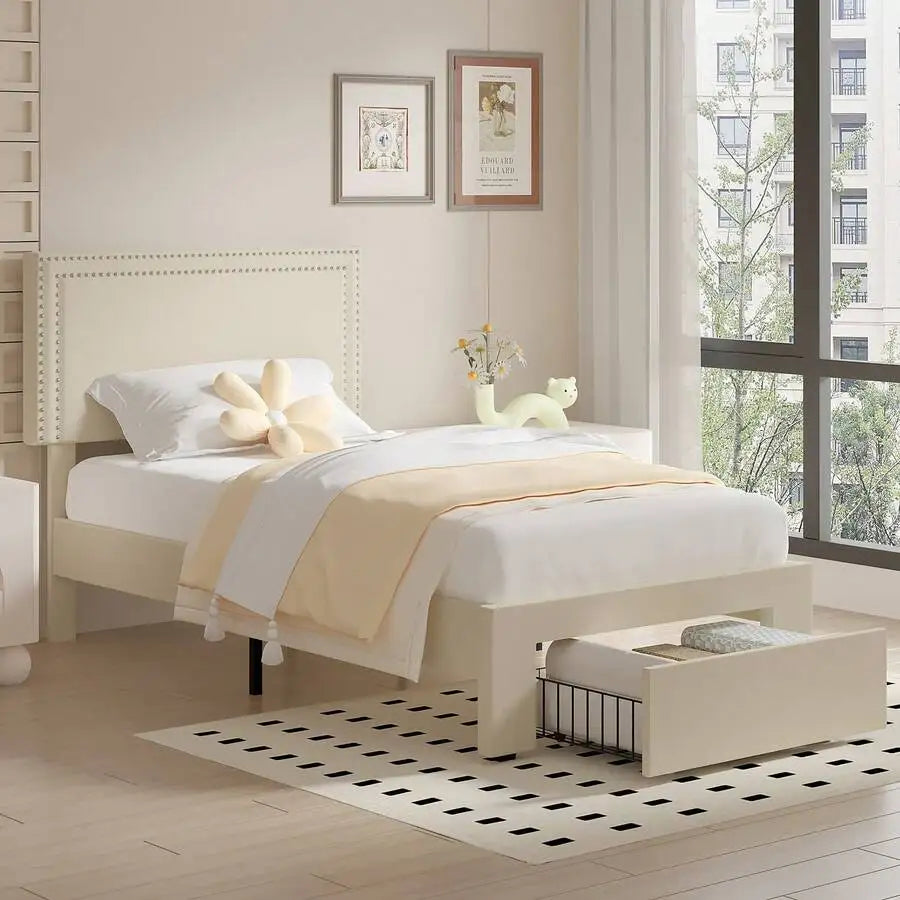 Velvet Upholstered Bed Frame With Four Storage Drawers And Adjustable Headboard