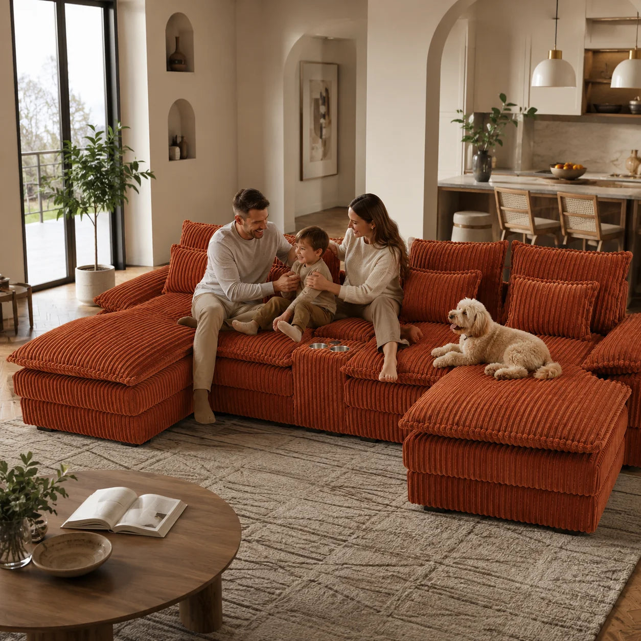 Modular Corduroy Sectional Sofa With Console And USB Charging Ports