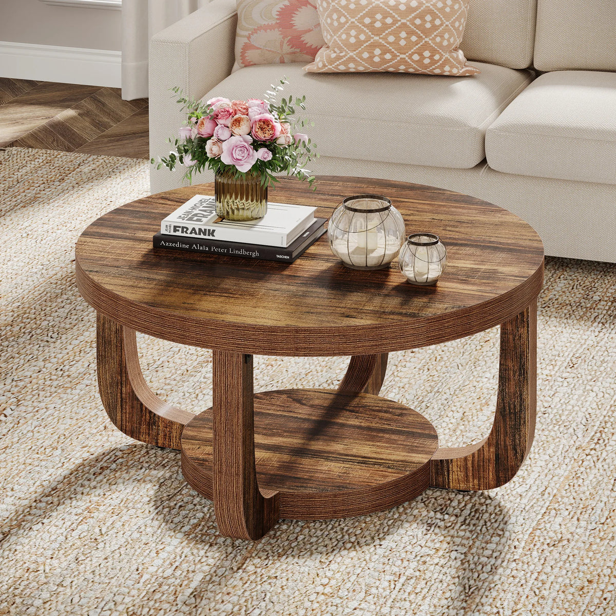 Tribesigns Round Coffee Table With Two Tier Storage Modern Wood