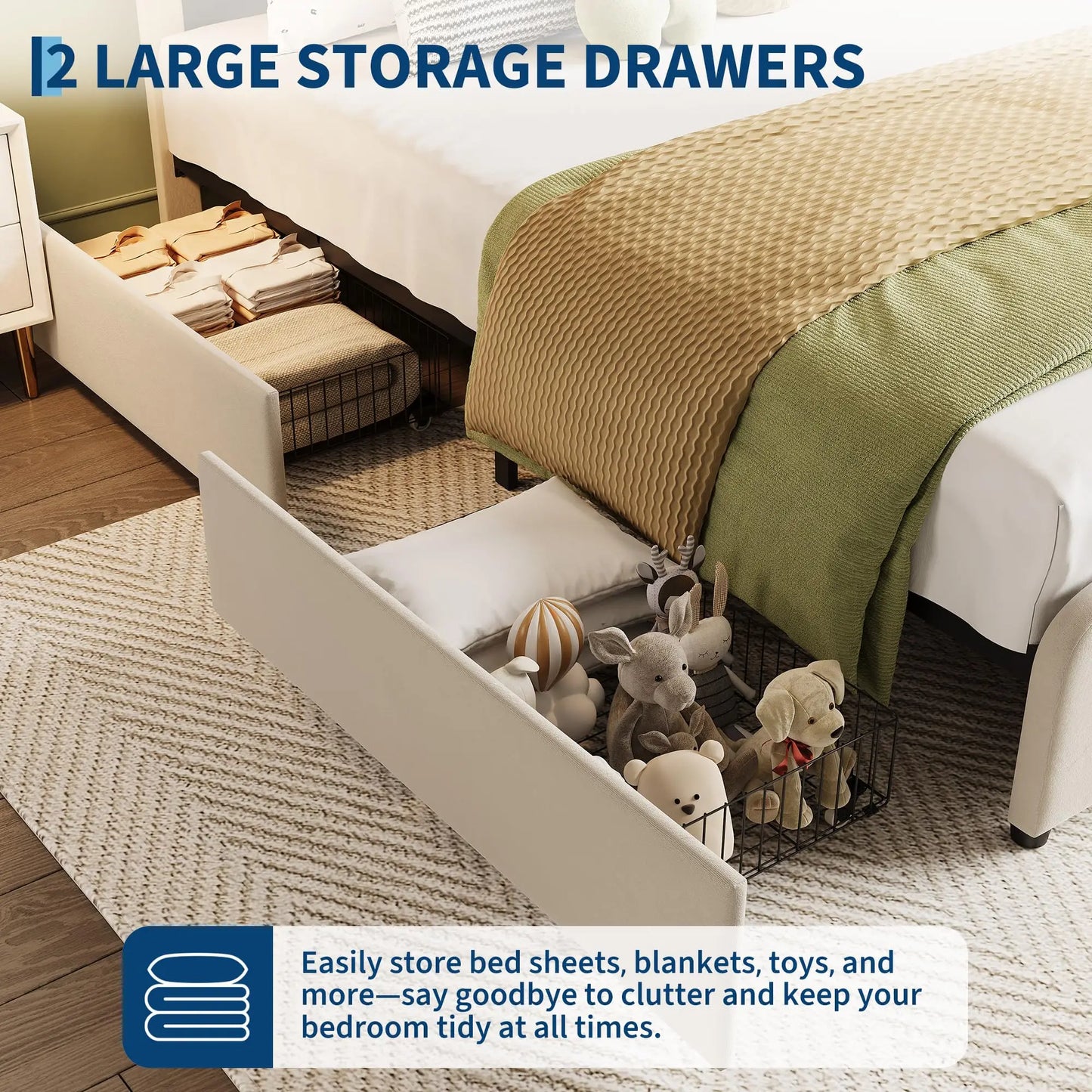 HiMISS Upholstered Bed Frame With Adjustable Headboard Led Storage Drawers