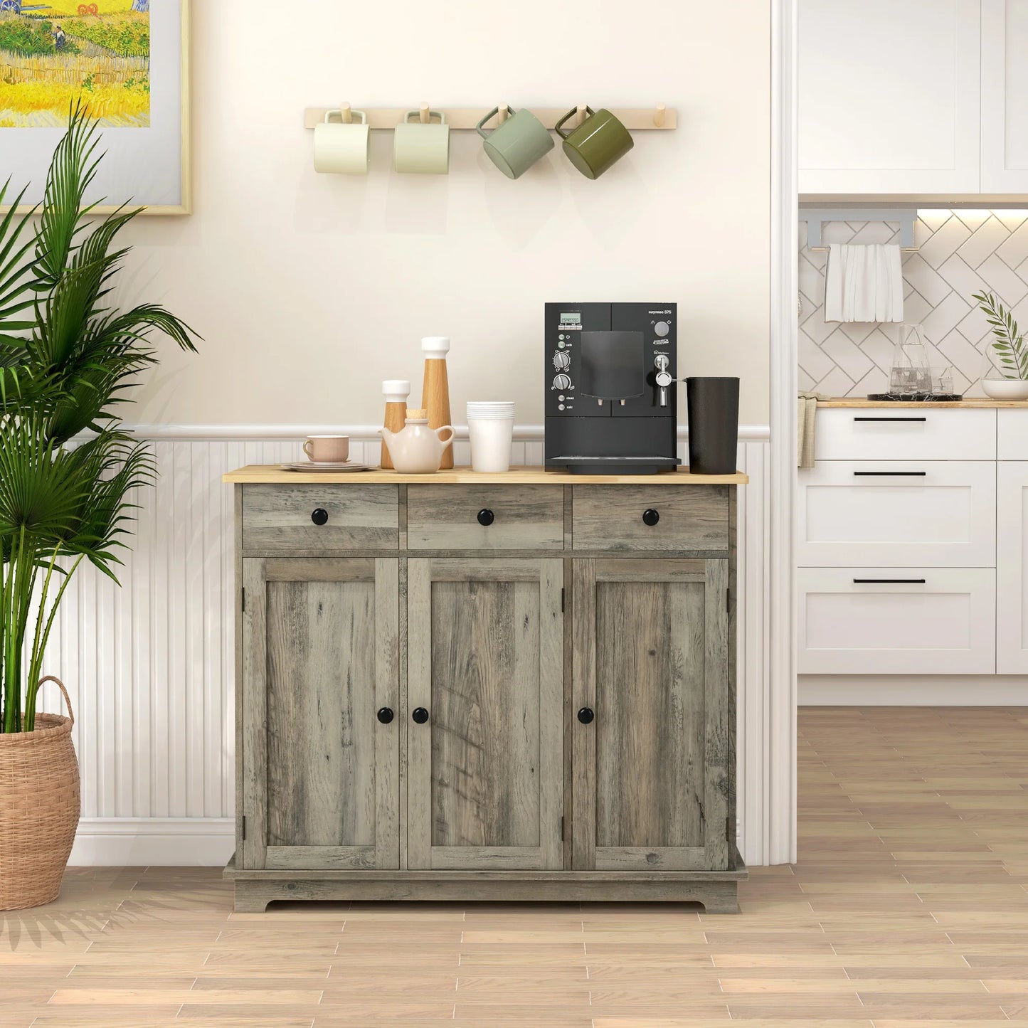 Homcom Modern Sideboard Buffet Cabinet Solid Wood Countertop Storage Drawers