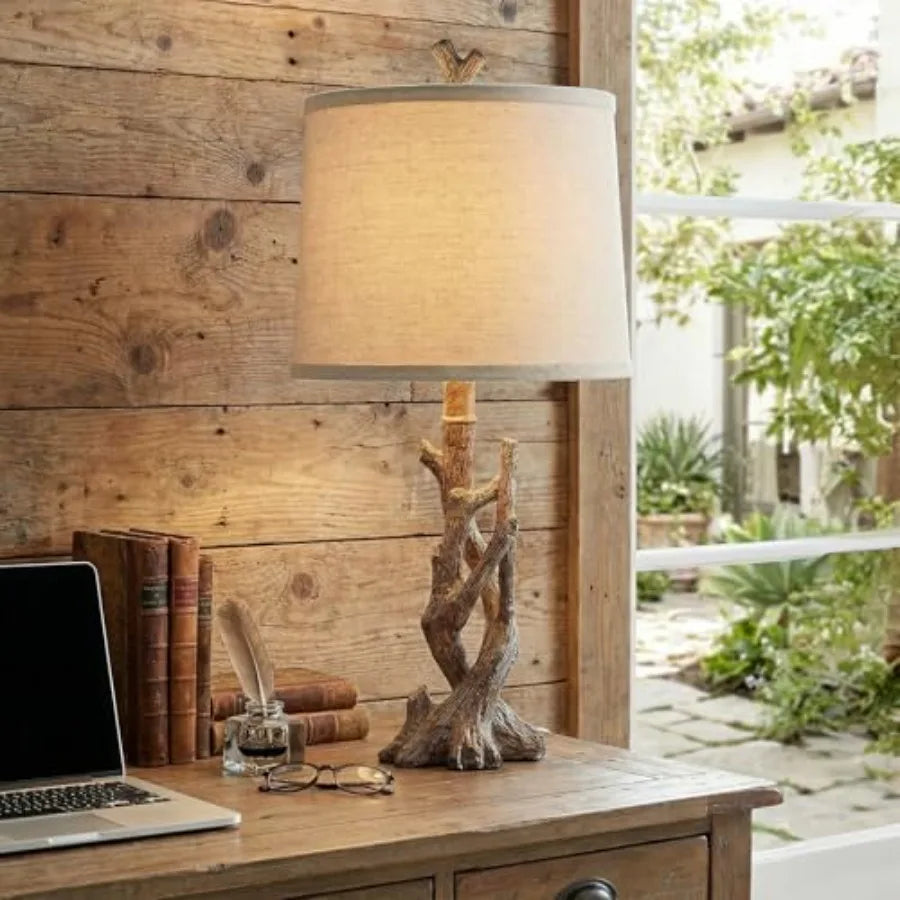 Rustic Solar Table Lamp With Tree Trunk Wood Grain Base