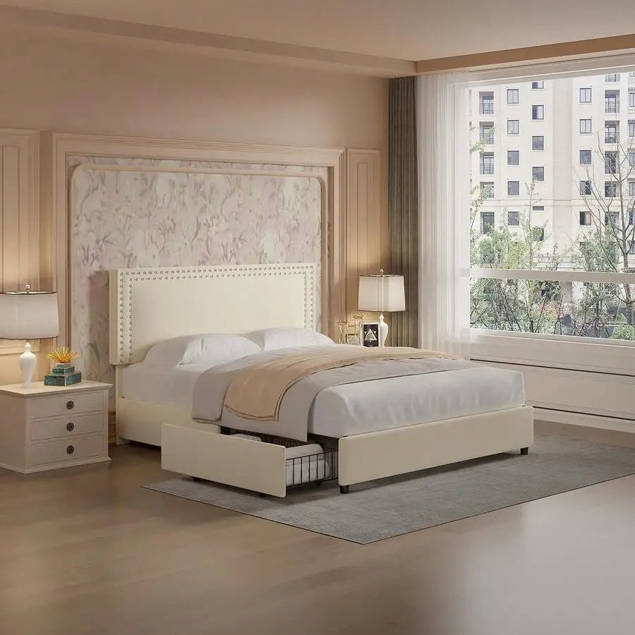 Velvet Upholstered Bed Frame With Four Storage Drawers And Adjustable Headboard