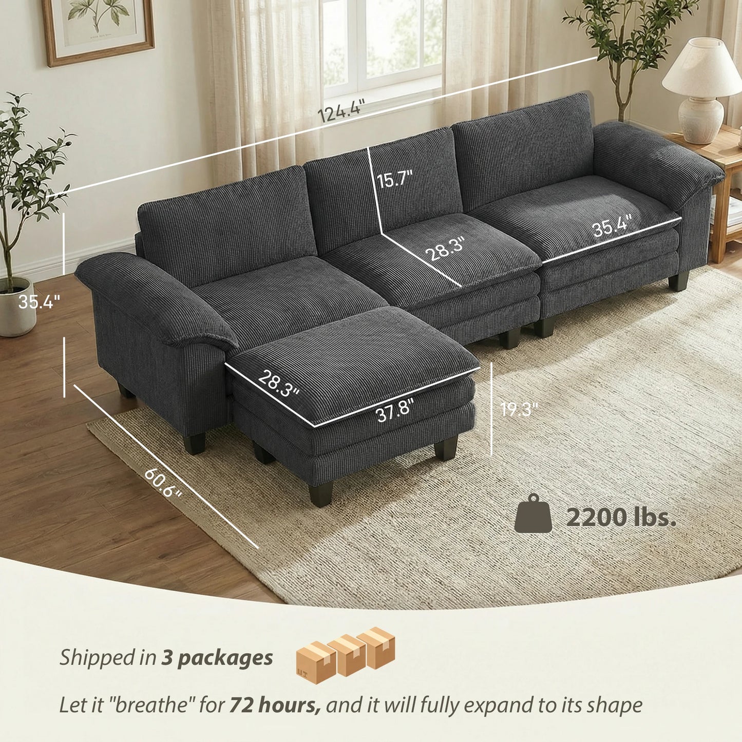 Modular Corduroy L Shaped Sectional Couch With Deep Seating