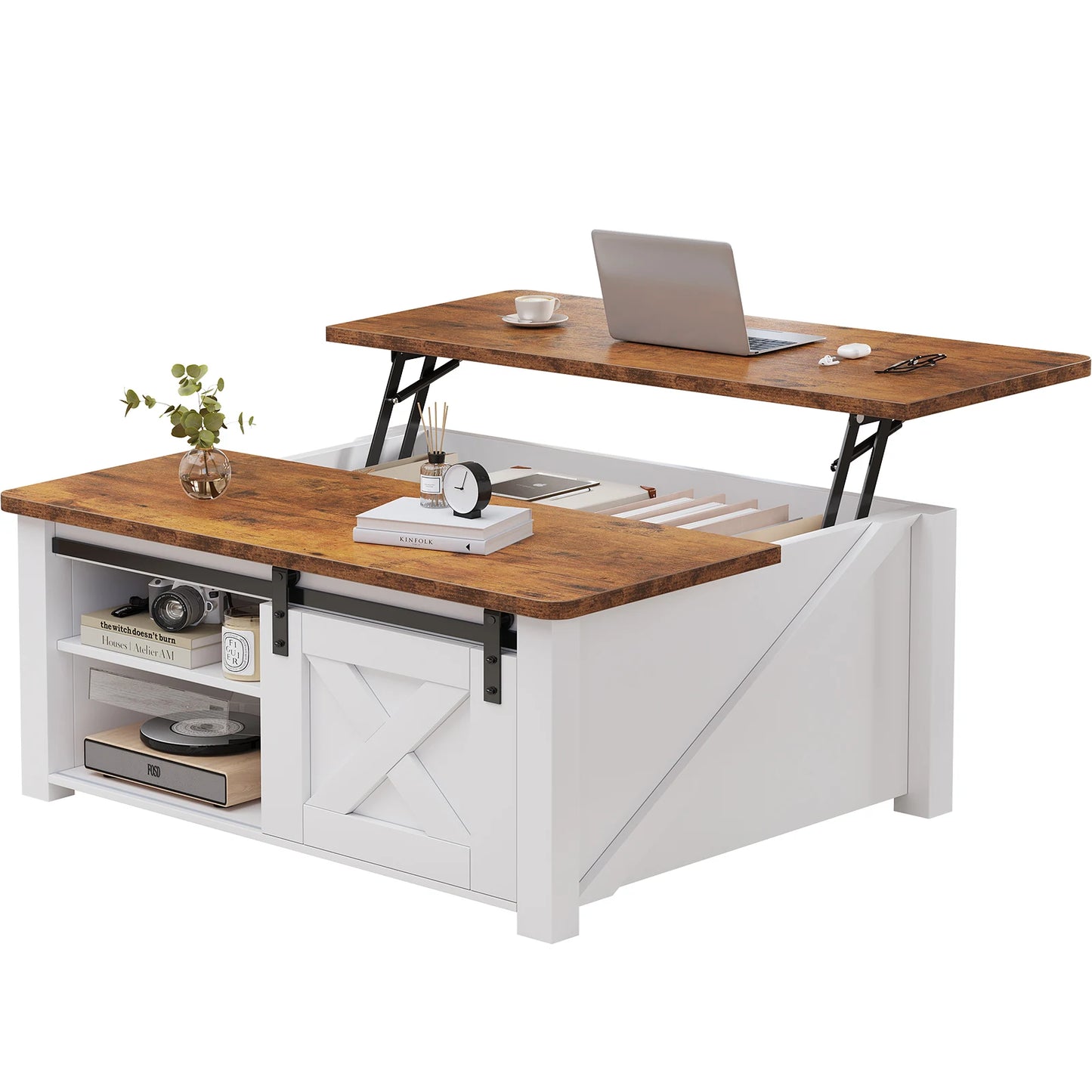 MCQ Wood Lift Top Coffee Table Adjustable Storage Shelf