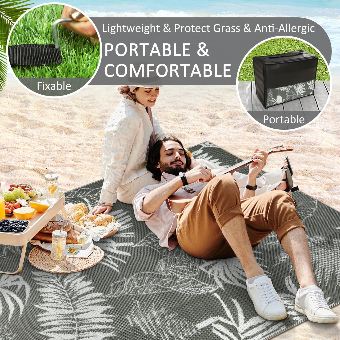 Leaves Pattern Recycled Plastic Straw Outdoor Rope Rug For Patio