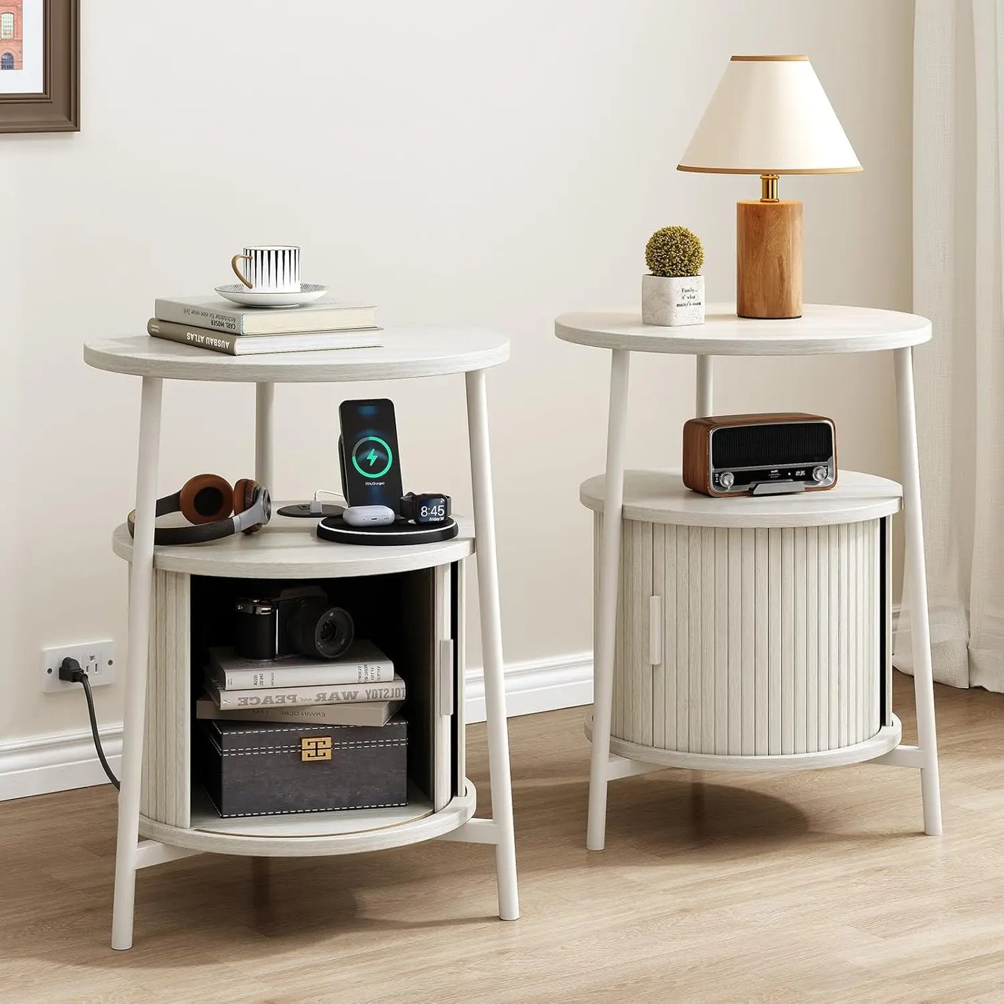 ONBRILL Fluted Round Nightstands Set of 2 Modern Wooden Tables
