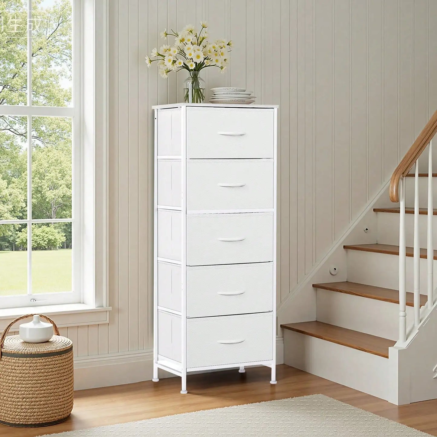 Fabric Storage Dresser With Wooden Top And Steel Frame Unit