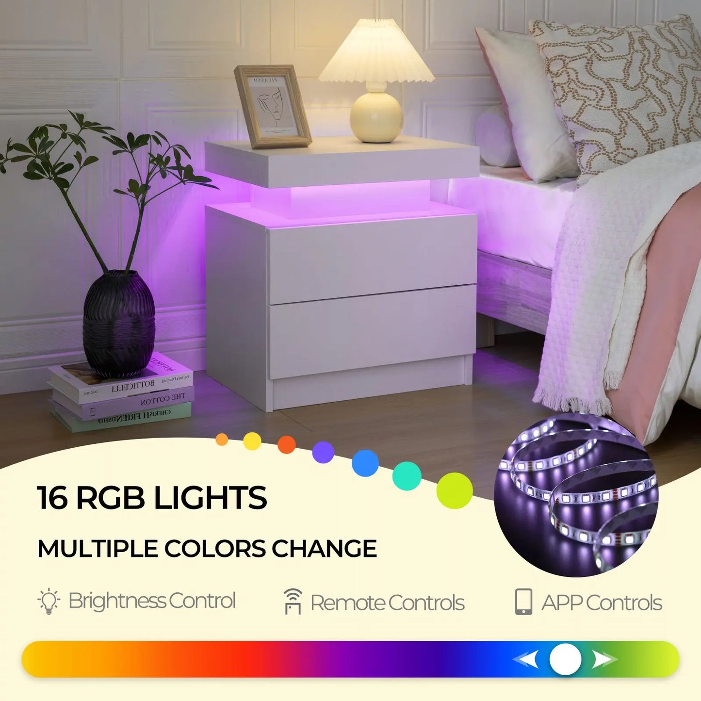 Cubehom LED Nightstand With Dual Drawers And RGB Lighting