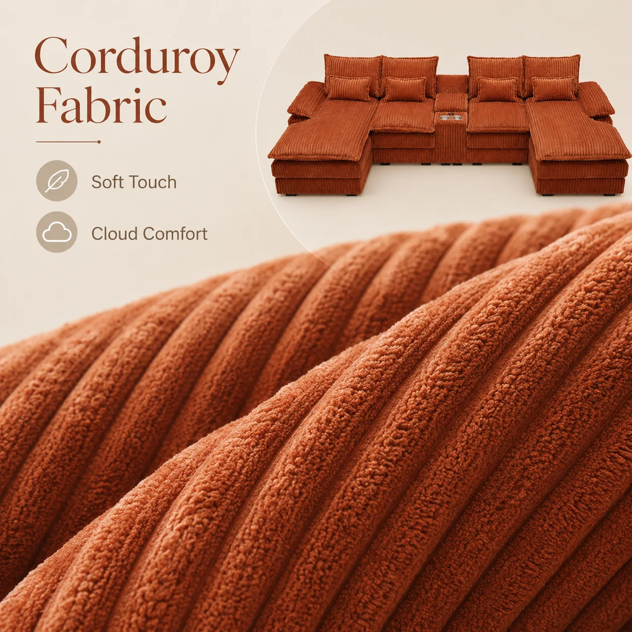 Modular Corduroy Sectional Sofa With Console And USB Charging Ports