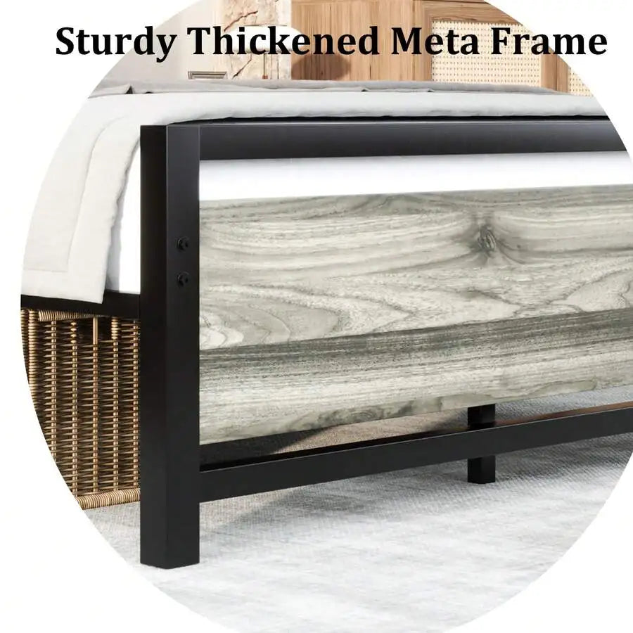 Farmhouse Metal Bed Frame With Wooden Headboard Easy Assembly