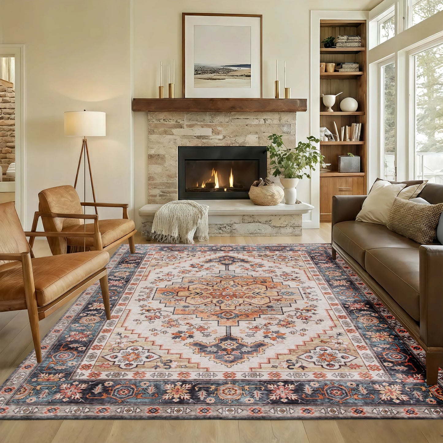 Machine Washable Vintage Oriental Medallion Polyester Floor Mat