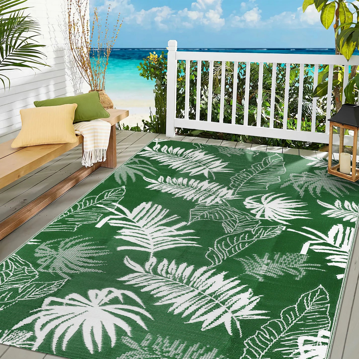 Leaves Pattern Recycled Plastic Straw Outdoor Rope Rug For Patio