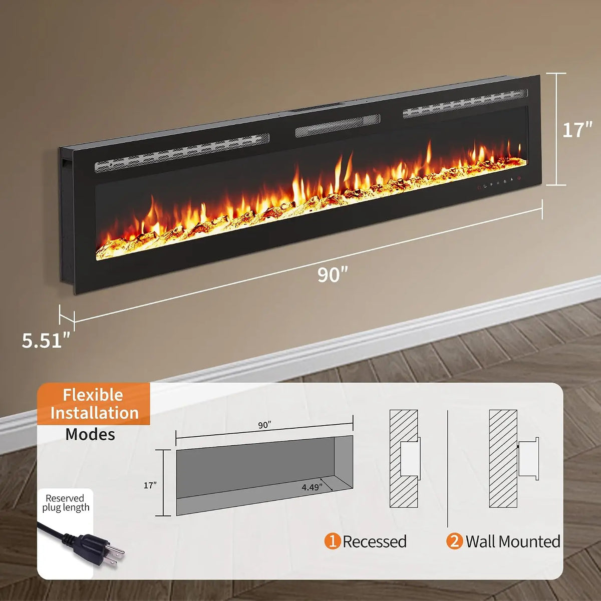 Wall Mounted Electric Fireplace Heater With Realistic Log Effects