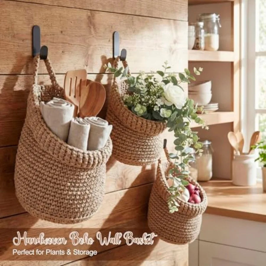 Boho Bamboo Hanging Wall Baskets For Kitchen Decoration And Storage