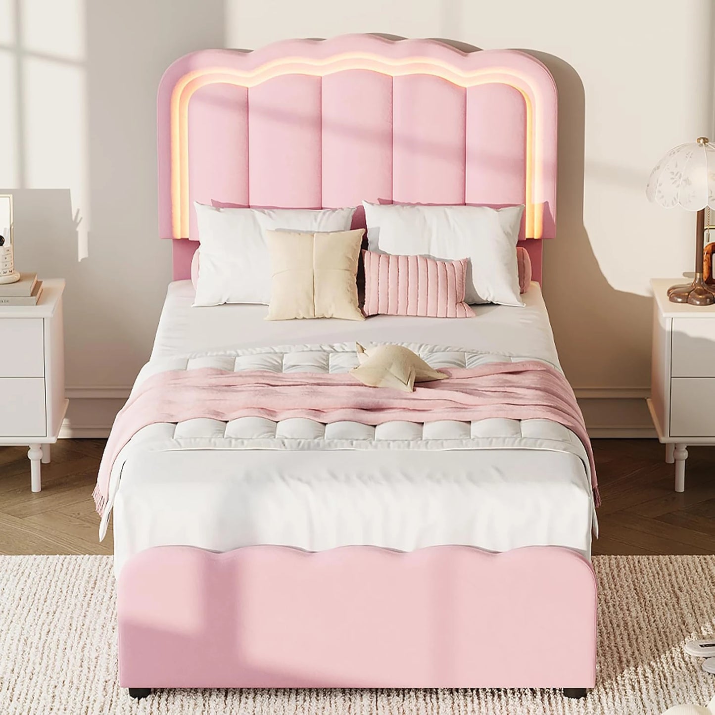 HiMISS Upholstered Bed Frame With Adjustable Headboard Led Storage Drawers