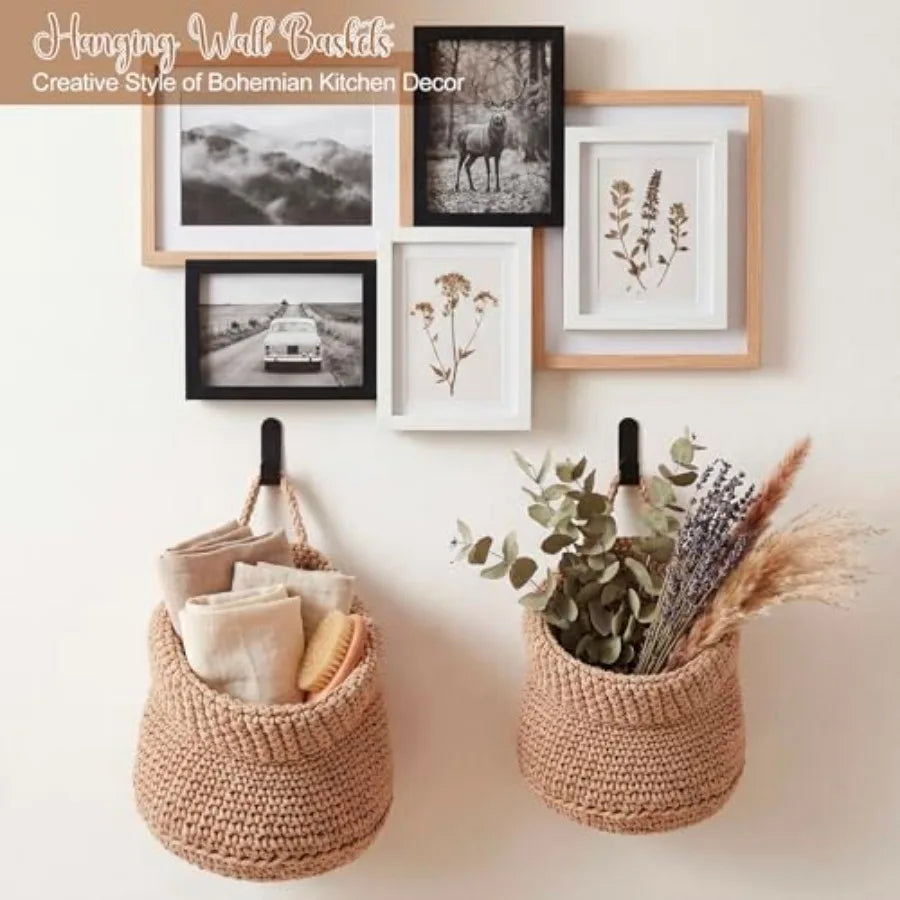 Boho Bamboo Hanging Wall Baskets For Kitchen Decoration And Storage
