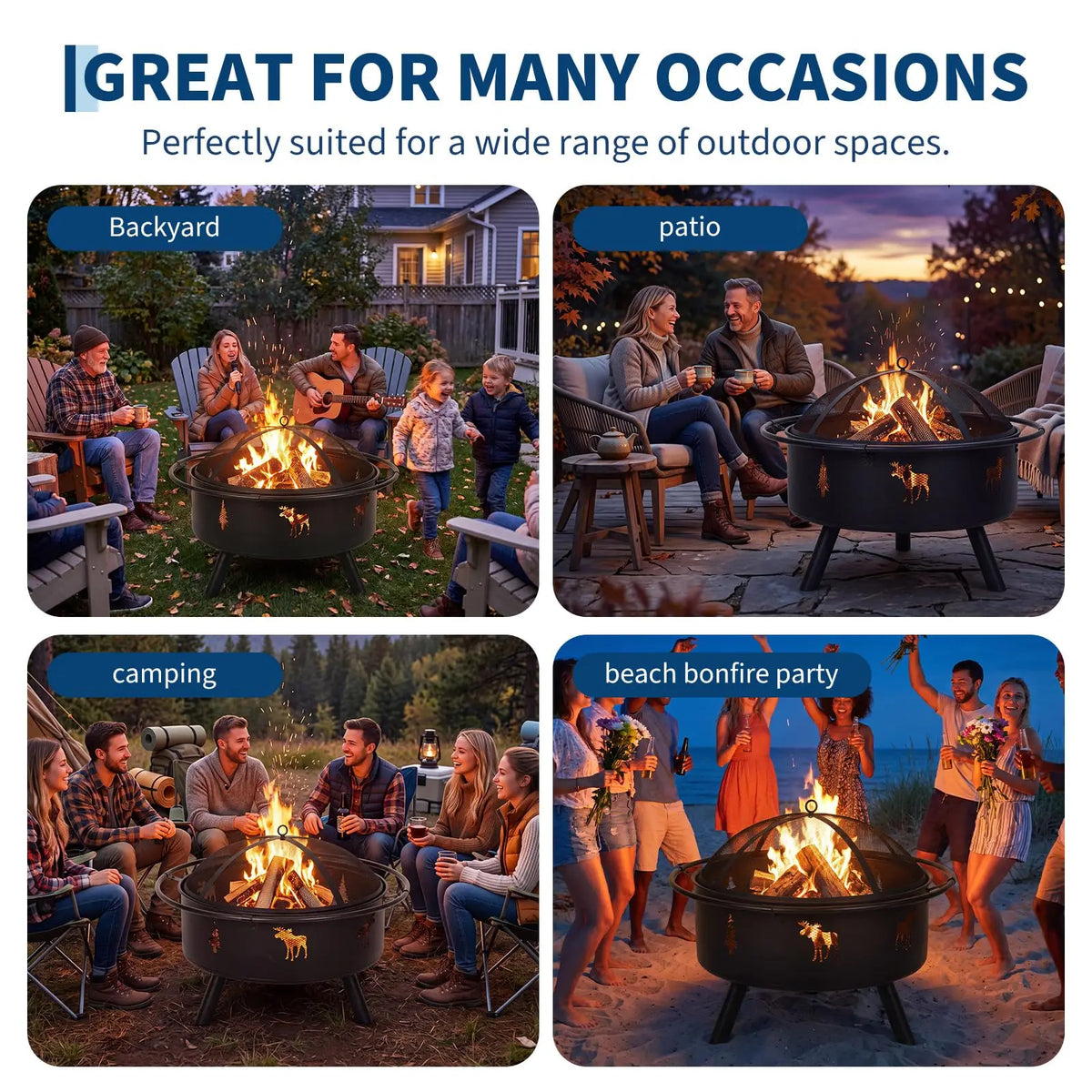 HiMISS Wood Burning Fire Pit With Mesh Screen And Poker